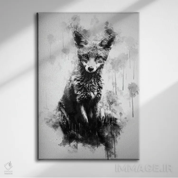 تابلو دکوراتیو روباه نشسته در سیاه و سفید اثر کورنل ولاد - نمای روبهرو روی دیوار