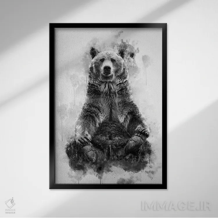 تابلو دکوراتیو خرس قهوه ای در سیاه و سفید اثر کورنل ولاد - نمای قابدار مشکی