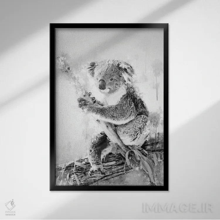 تابلو دکوراتیو کوالا روی شاخه در سیاه و سفید اثر کورنل ولاد - نمای قابدار مشکی