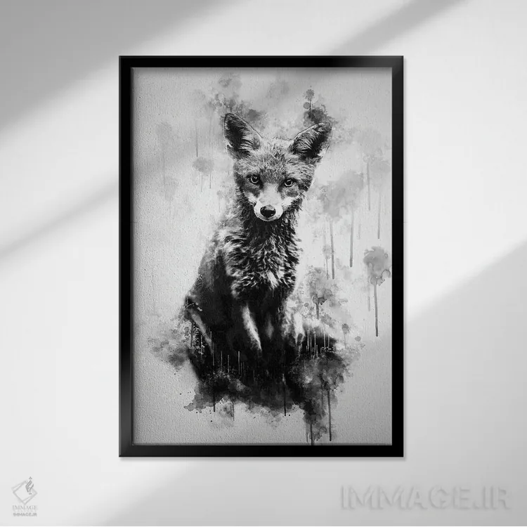 تابلو دکوراتیو روباه نشسته در سیاه و سفید اثر کورنل ولاد - نمای قابدار مشکی
