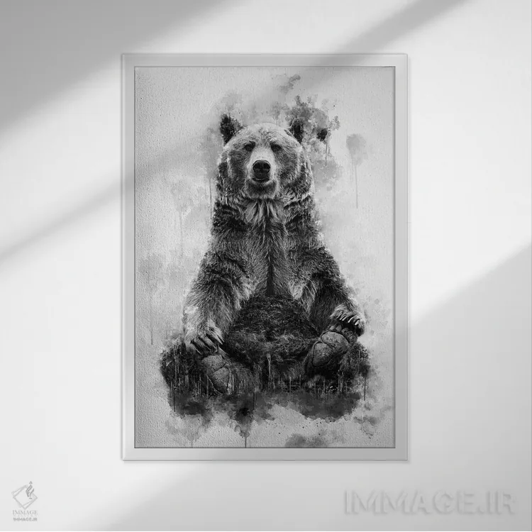 تابلو دکوراتیو خرس قهوه ای در سیاه و سفید اثر کورنل ولاد - نمای قابدار سفید