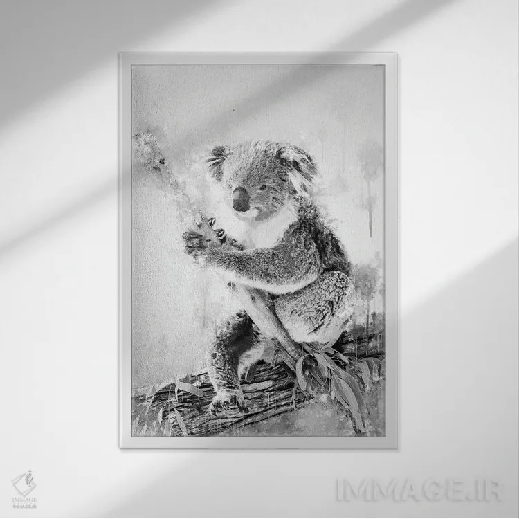 تابلو دکوراتیو کوالا روی شاخه در سیاه و سفید اثر کورنل ولاد - نمای قابدار سفید