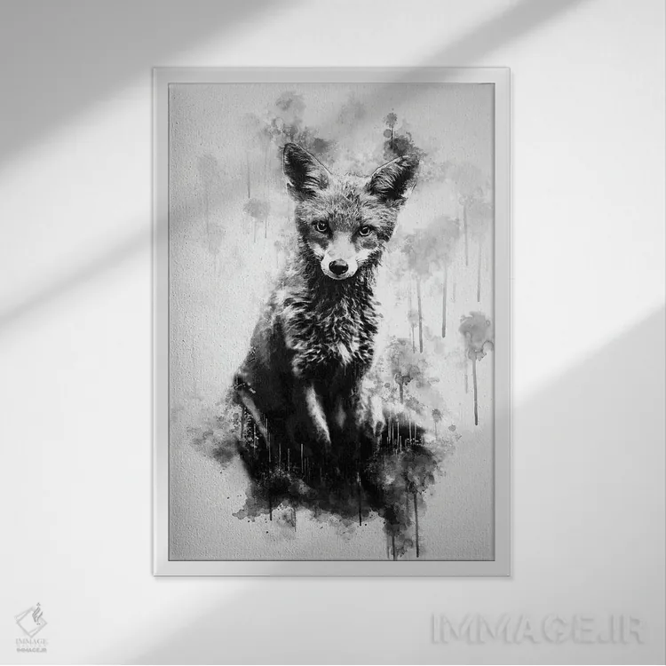 تابلو دکوراتیو روباه نشسته در سیاه و سفید اثر کورنل ولاد - نمای قابدار سفید