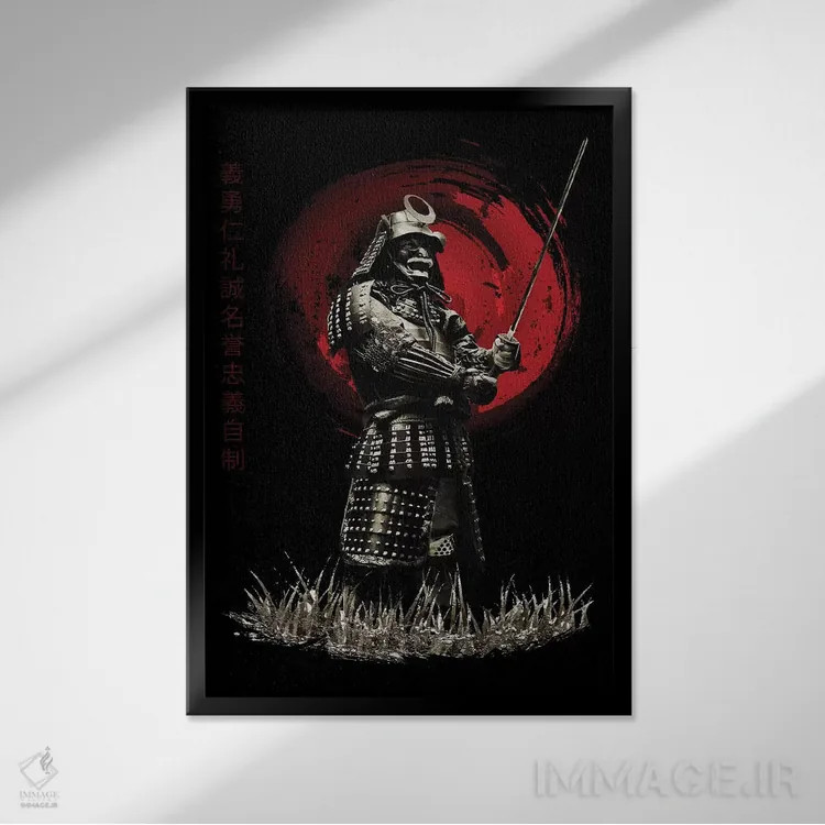 تابلو دکوراتیو سامورایی بوشیدو ایستاده قدرتمند اثر کورنل ولاد - نمای قابدار مشکی