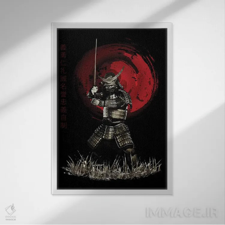 تابلو دکوراتیو سامورایی بوشیدو با حالت ایستادن قوی اثر کورنل ولاد - نمای قابدار سفید