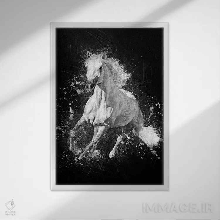 تابلو دکوراتیو اسب در حال دویدن اثر کورنل ولاد - نمای قابدار سفید