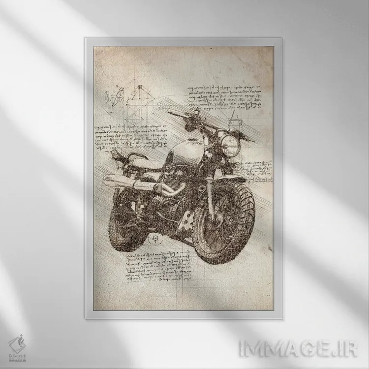 تابلو دکوراتیو موتورسیکلت قدیمی اثر کورنل ولاد - نمای قابدار سفید