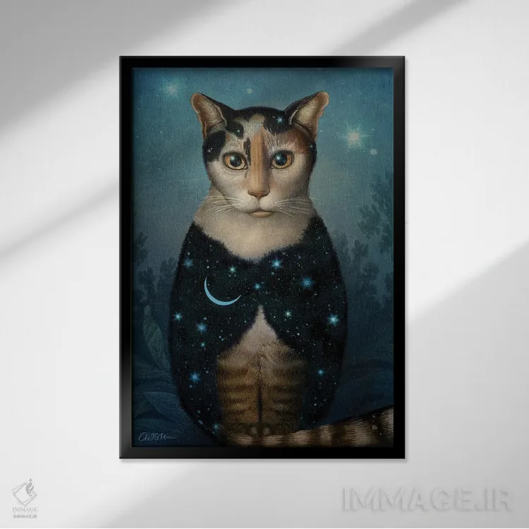 تابلو دکوراتیو گربه نیمه شب اثر کاترین ولز-استاین - نمای قابدار مشکی