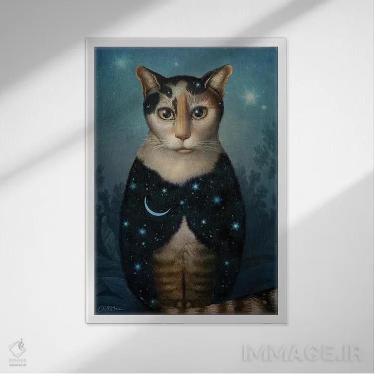 تابلو دکوراتیو گربه نیمه شب اثر کاترین ولز-استاین - نمای قابدار سفید