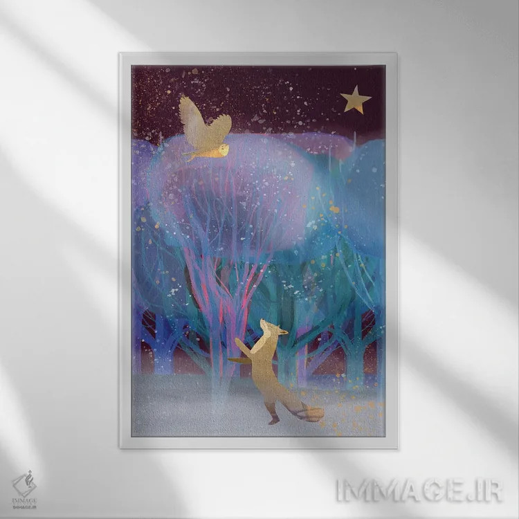 تابلو دکوراتیو آبی روباهی اثر کلر وست وود - نمای قابدار سفید