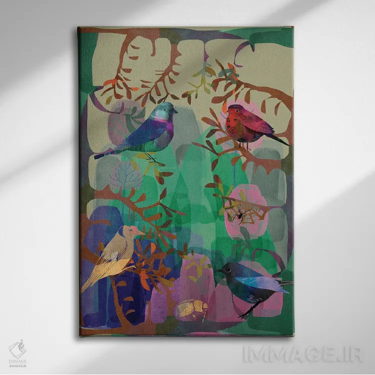 تابلو دکوراتیو پرندگان فراوان اثر کلر وست وود - نمای روبهرو روی دیوار