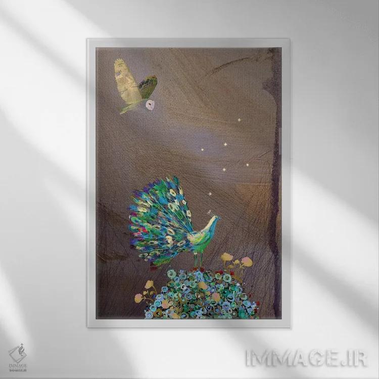 تابلو دکوراتیو طاووس اثر کلر وست وود - نمای قابدار سفید