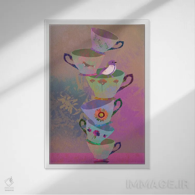 تابلو دکوراتیو فنجان چای اثر کلر وست وود - نمای قابدار سفید