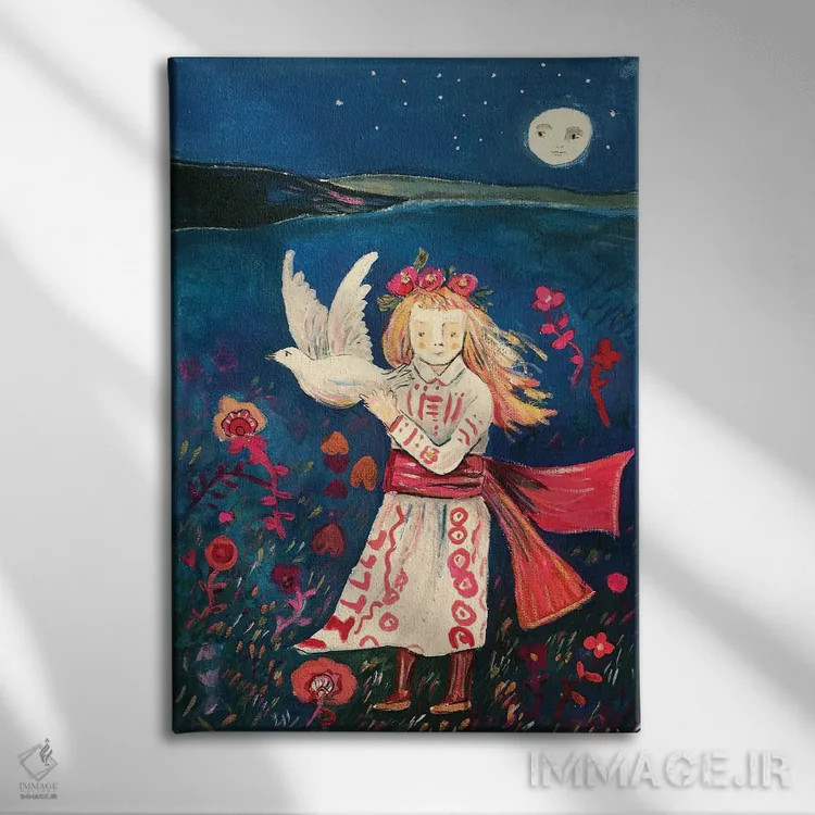 تابلو دکوراتیو دختر اوکراینی با کبوتر اثر کلر وست وود - نمای روبهرو روی دیوار
