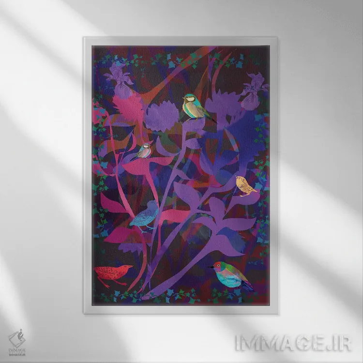 تابلو دکوراتیو درخت پرندگان اثر کلر وست وود - نمای قابدار سفید