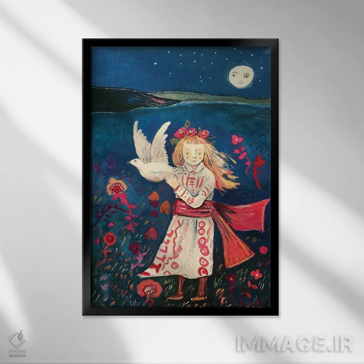 تابلو دکوراتیو دختر اوکراینی با کبوتر اثر کلر وست وود - نمای قابدار مشکی