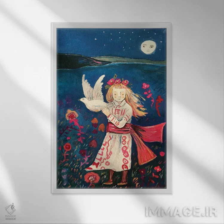 تابلو دکوراتیو دختر اوکراینی با کبوتر اثر کلر وست وود - نمای قابدار سفید
