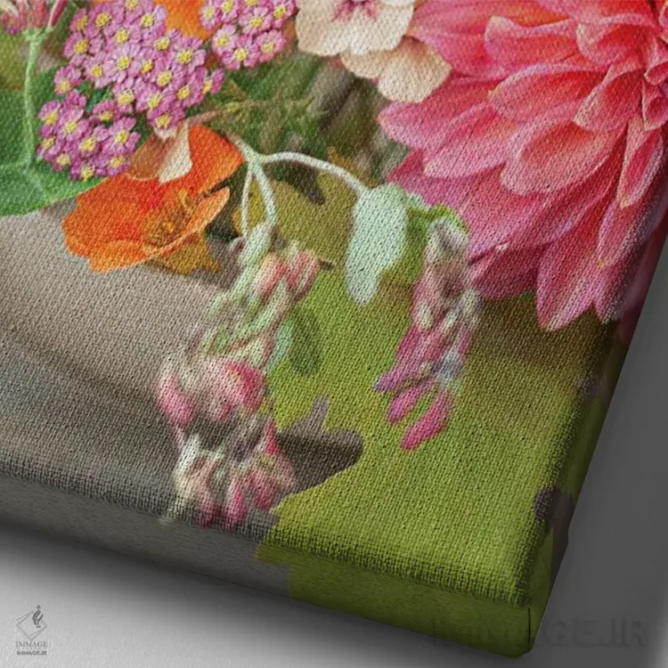 تابلو دکوراتیو شکوفه های رنگ میوه ای اثر کورنلیا وبر - نمای نزدیک بافت بوم