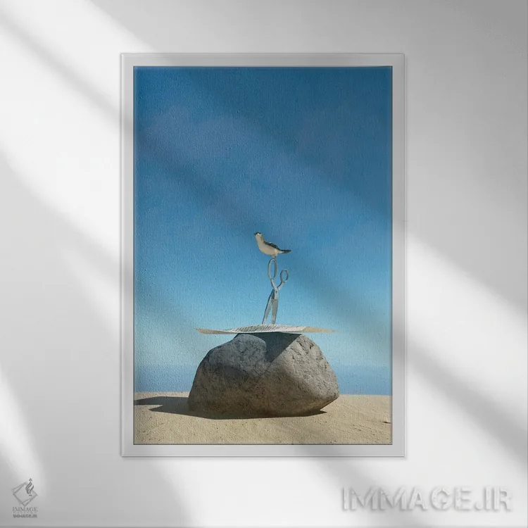 تابلو دکوراتیو سنگ کاغذ قیچی اثر سینتیا دکر - نمای قابدار سفید