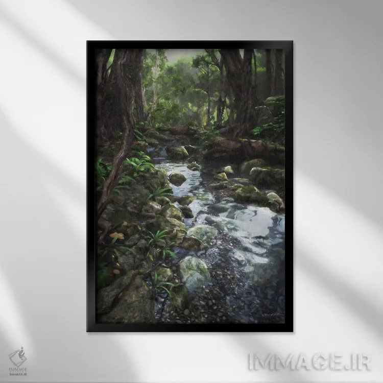 تابلو دکوراتیو نهر جنگلی اثر سینتیا دکر - نمای قابدار مشکی