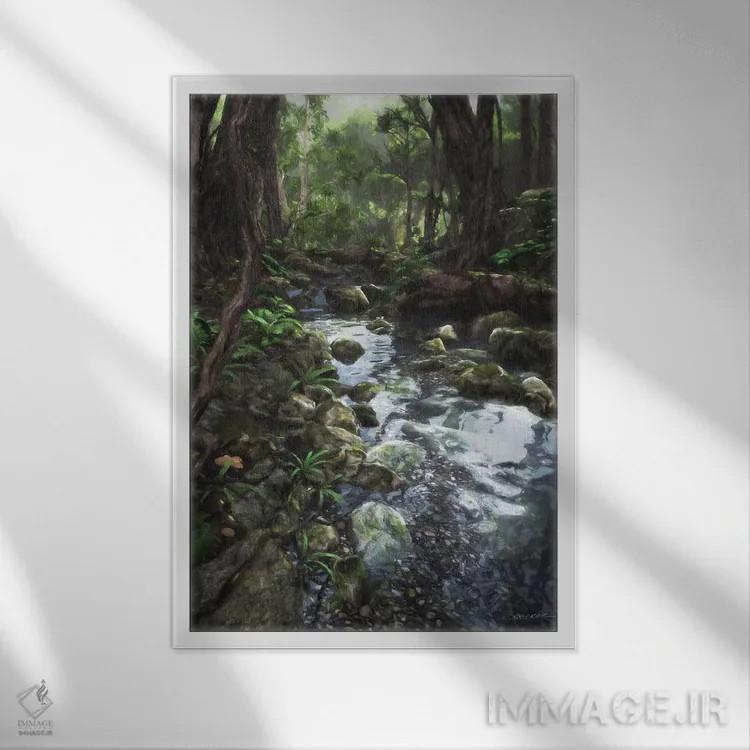 تابلو دکوراتیو نهر جنگلی اثر سینتیا دکر - نمای قابدار سفید