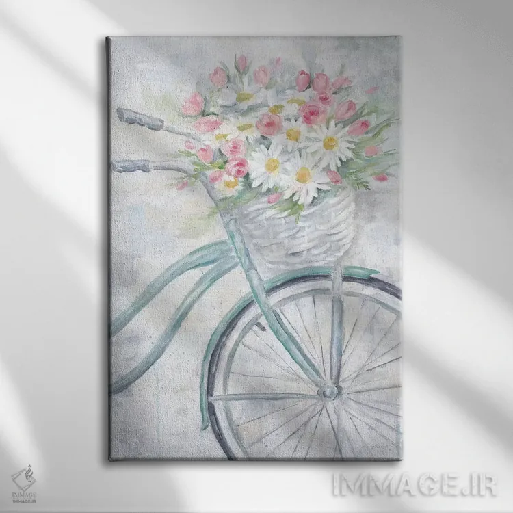 تابلو مدرن دوچرخه با سبد گل اثر سینتیا کولتر - نمای روبهرو روی دیوار