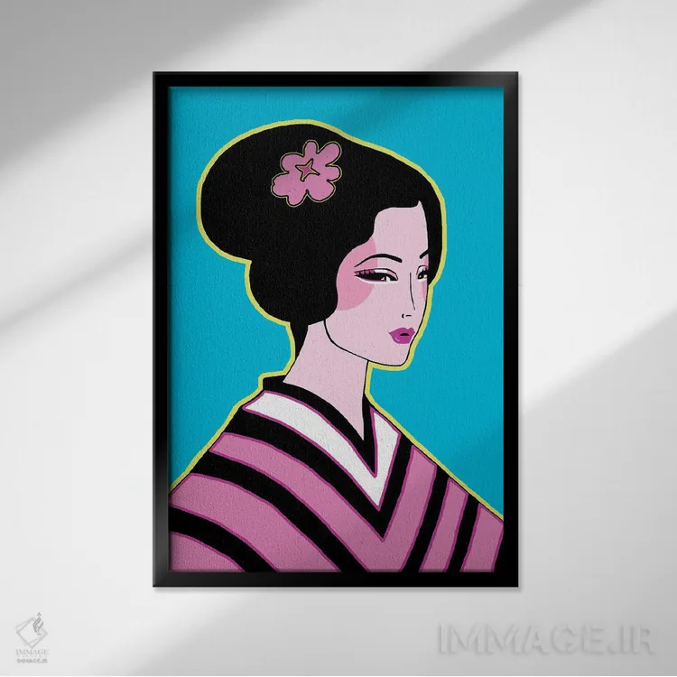 تابلو دکوراتیو کیمونوی راه راه صورتی اثر کوری پلاملی - نمای قابدار مشکی