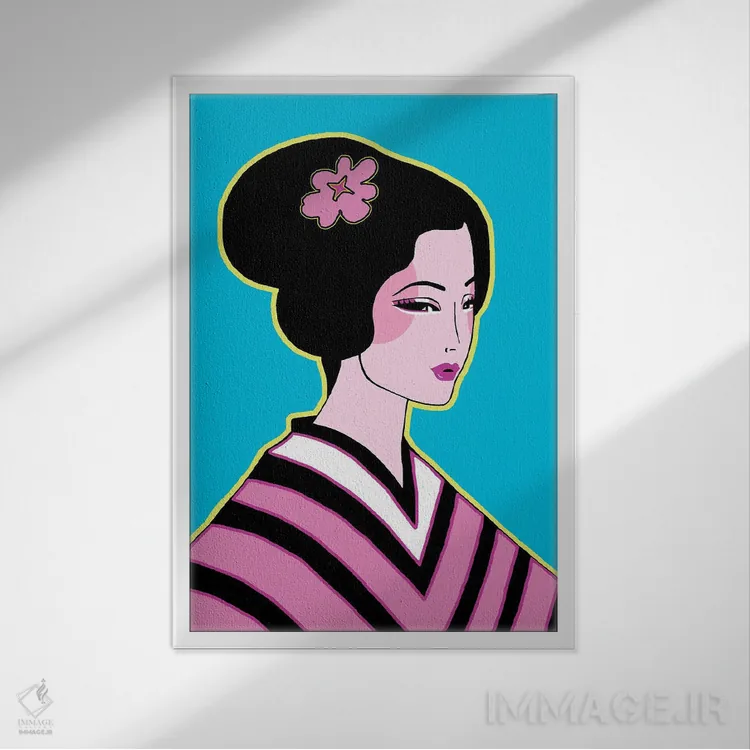 تابلو دکوراتیو کیمونوی راه راه صورتی اثر کوری پلاملی - نمای قابدار سفید