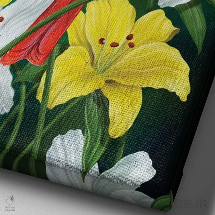 تابلو دکوراتیو کارباورال های بهاری و سوسن اثر سنتی فیشر - نمای نزدیک بافت بوم