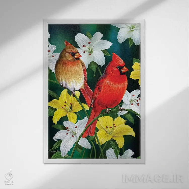 تابلو دکوراتیو کارباورال های بهاری و سوسن اثر سنتی فیشر - نمای قابدار سفید