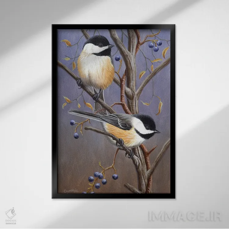 تابلو دکوراتیو گنجشک ها با رنگ مشکی اثر سنتی فیشر - نمای قابدار مشکی