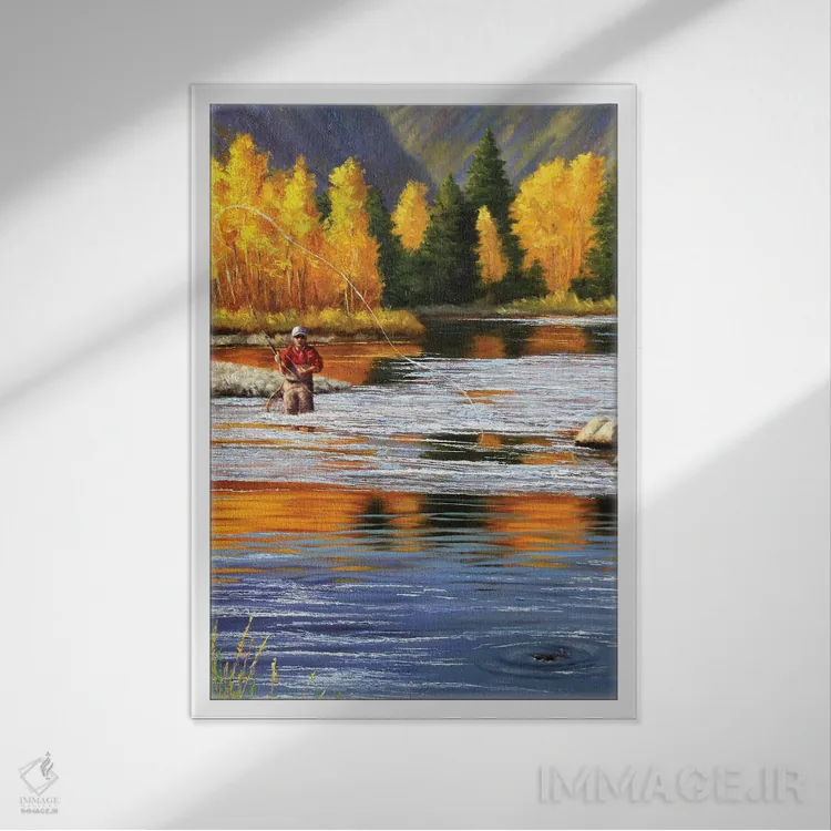 تابلو دکوراتیو ماهیگیر فلای فیشینگ اثر سنتی فیشر - نمای قابدار سفید