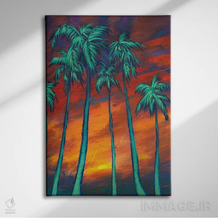 تابلو دکوراتیو نخل ها در غروب اثر دن منیلی - نمای روبهرو روی دیوار