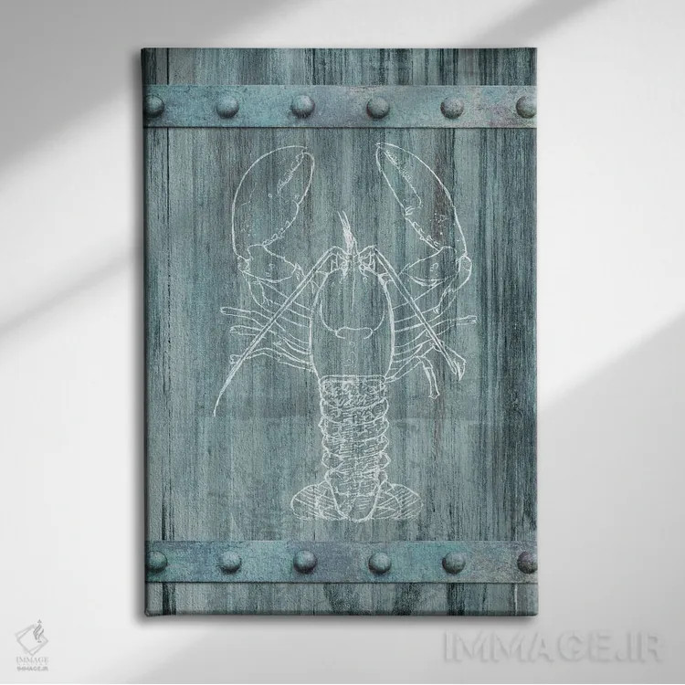 تابلو مینیمال خرچنگ سفید روی چوب آبی اثر دن منیلی - نمای روبهرو روی دیوار