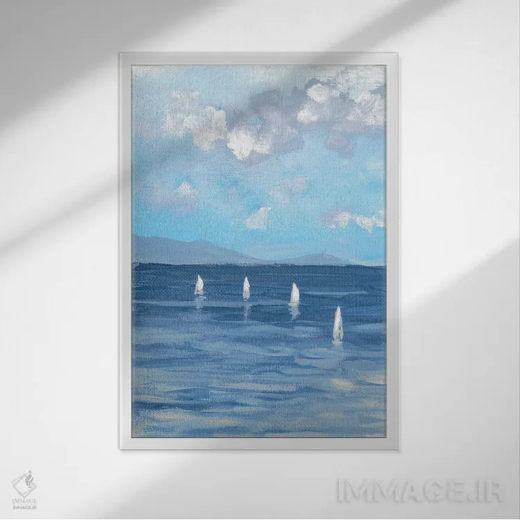 تابلو انتزاعی قایق ها و امواج I اثر دن منیلی - نمای قابدار سفید