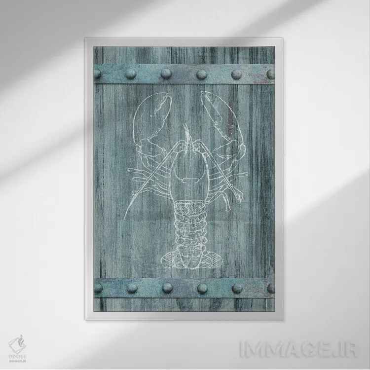تابلو مینیمال خرچنگ سفید روی چوب آبی اثر دن منیلی - نمای قابدار سفید