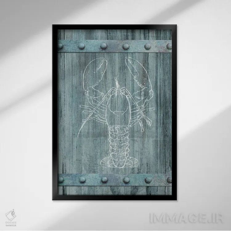 تابلو مینیمال خرچنگ سفید روی چوب آبی اثر دن منیلی - نمای قابدار مشکی