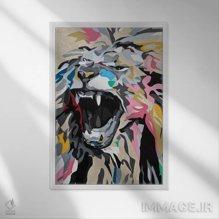 تابلو دکوراتیو شیر غران اثر داز - نمای قابدار سفید