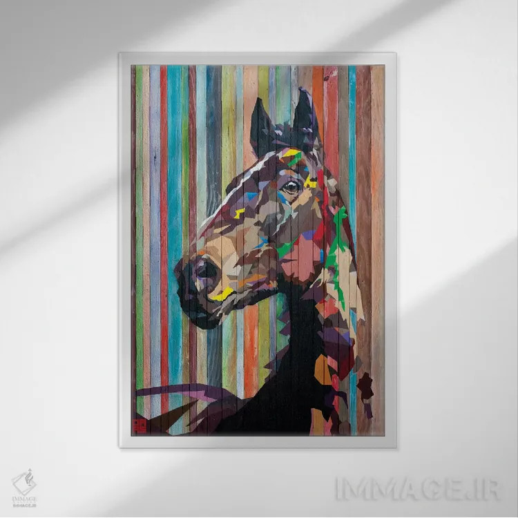 تابلو دکوراتیو اسب هندسی اثر داز - نمای قابدار سفید