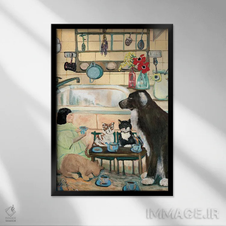 تابلو دکوراتیو مهمانی چای با ظروف آنتیک اثر دبورا ایو آلاسترا - نمای قابدار مشکی