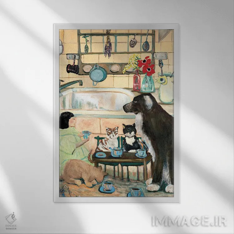 تابلو دکوراتیو مهمانی چای با ظروف آنتیک اثر دبورا ایو آلاسترا - نمای قابدار سفید