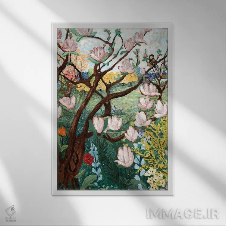 تابلو دکوراتیو شکوفه های مگنولیا اثر دبورا ایو آلاسترا - نمای قابدار سفید