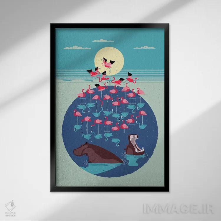 تابلو دکوراتیو دریاچه فلامینگو اثر دیتر براون - نمای قابدار مشکی