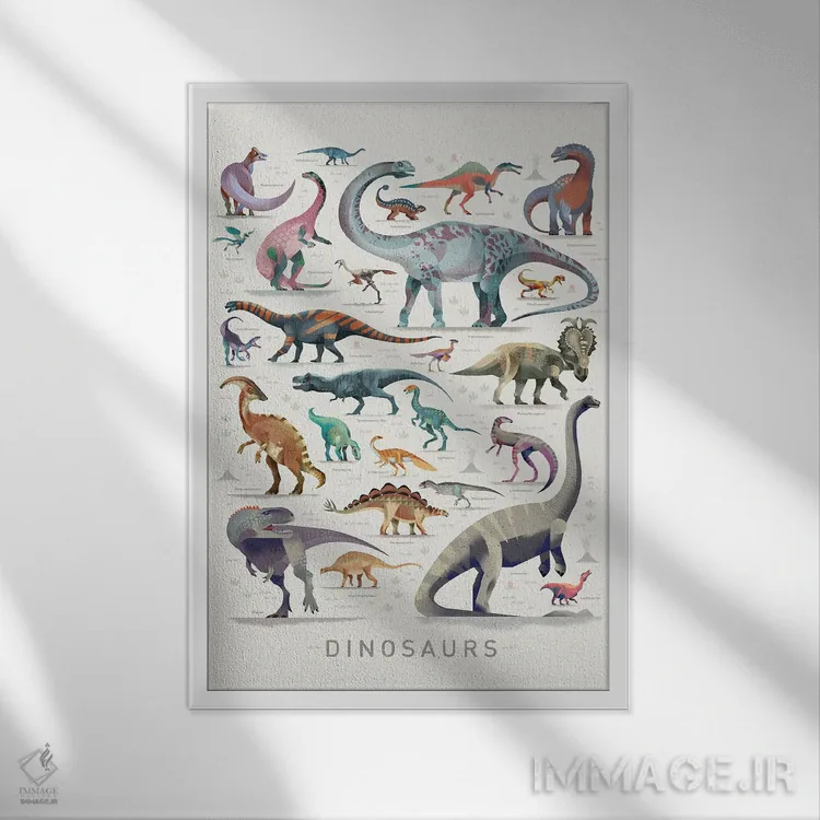 تابلو دکوراتیو دایناسورها ۱ اثر دیتر براون - نمای قابدار سفید