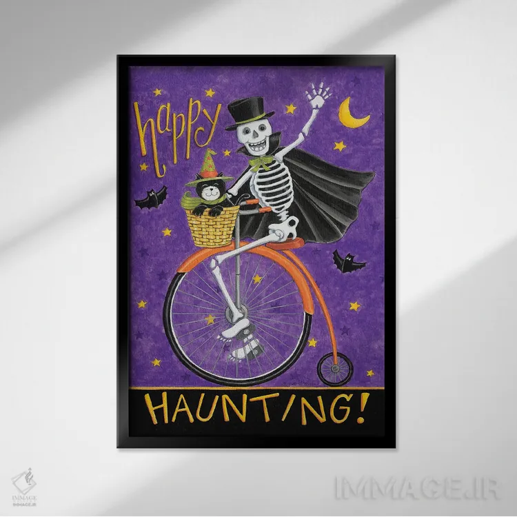 تابلو دکوراتیو اسکلت روی دوچرخه اثر دب استرین - نمای قابدار مشکی