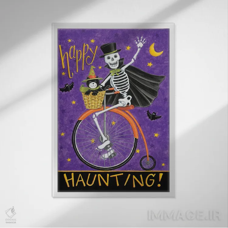 تابلو دکوراتیو اسکلت روی دوچرخه اثر دب استرین - نمای قابدار سفید