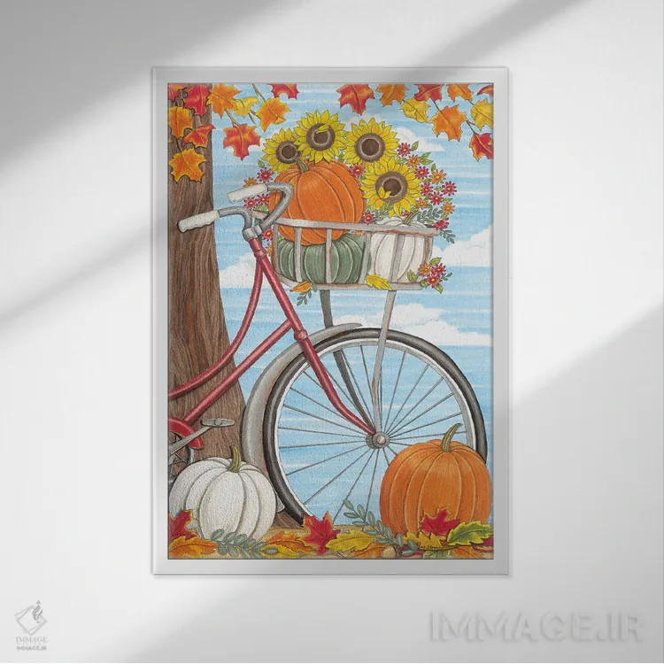 تابلو دکوراتیو دوچرخه پاییزی اثر دب استرین - نمای قابدار سفید