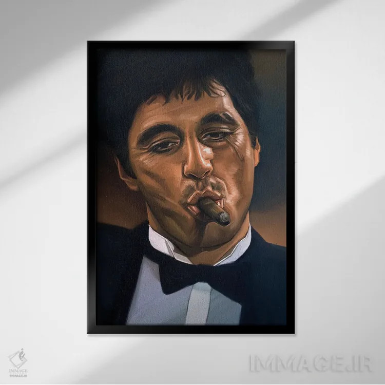 تابلو دکوراتیو صورت زخمی، تونی مونتانا اثر دمیتری بلف - نمای قابدار مشکی