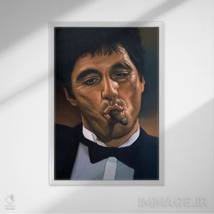 تابلو دکوراتیو صورت زخمی، تونی مونتانا اثر دمیتری بلف - نمای قابدار سفید