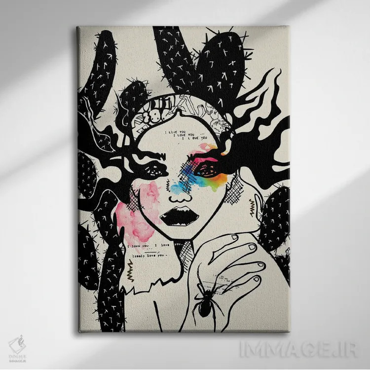 تابلو مینیمال دختر با کاکتوس اثر دای کریس آرت - نمای روبهرو روی دیوار